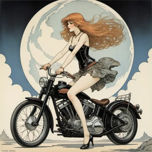 Prompt: J. Frederick Smith, Arthur Rackham, George Barbier, Surreal, mysterious, strange, fantastical, fantasy, Sci-fi, Japanese anime, accelerating towards the earth, Harley-Davidson and a beautiful girl in a miniskirt, perfect voluminous body, detailed masterpiece 