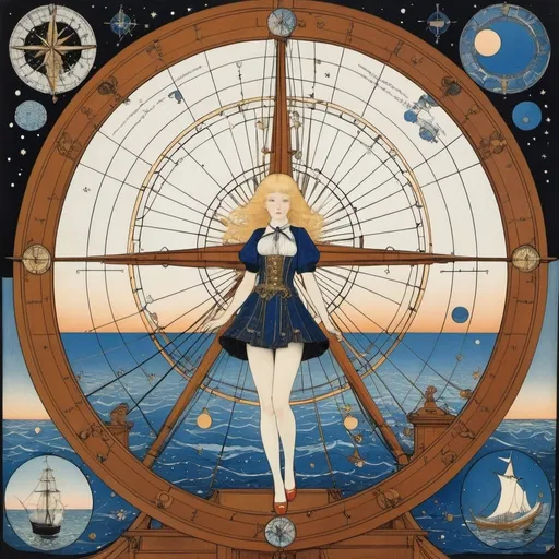 Prompt: Harry Clarke, Eugenio Granell, Kilian Eng, Pierre Puvis de Chavannes, Mabel Attwell, Surrealism, wonder, strange, fantastical, fantasy, Sci-fi, Japanese anime, celestial navigation, observation, calculation, and positioning from the basics of celestial measurement, sextant, beautiful blonde miniskirt girl Alice who crosses the sea of ​​star fragments on a sailing ship, perfect voluminous body, detailed masterpiece 