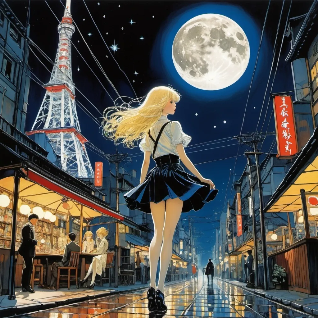 Prompt: Harry Clarke, Lachlan Creagh, Mikhail Larionov, Yoshitaka Amano, Dorothy Lathrop, Surrealism, strange, bizarre, fantastical, fantasy, Sci-fi, Japanese anime, moon, stars, night, city, Tokyo Tower, midnight cafe, Alice a beautiful blonde miniskirt girl walking on electric wires, perfect voluminous body, low high angles perspectives detailed masterpiece 