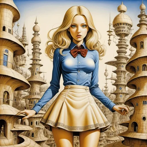 Prompt: Octavio Ocampo, Annibale Siconolfi, Surreal, mysterious, strange, fantastical, fantasy, Sci-fi, Japanese anime, the world behind the lens, optical component blueprints, beautiful blonde miniskirt girl Alice, perfect voluminous body, perspective drawing and perspective, detailed masterpiece colours hand drawings 