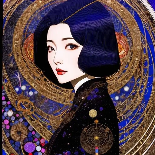 Prompt: Masakane Yonekura, Harry Clarke, Surreal, mysterious, strange, fantastical, fantasy, Sci-fi, Japanese anime, Glass Observatory, miniskirt beautiful girl genius doctor who unravels the formula of the universe, perfect voluminous body, galaxy and rainbow, detailed masterpiece 