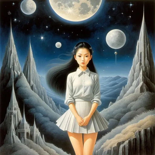 Prompt: Takeo Takei, Remedios Varo, Surreal, mysterious, strange, fantastical, fantasy, Sci-fi, Japanese anime, minerals, crystals, moon, stars, dreams, night, summer, boys and girls, world modification, books, poetry, miniskirt beautiful high school girl, perfect voluminous body, detailed masterpiece 