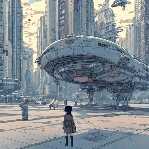 Prompt: Katsuhiro Otomo style, cityscape, spaceship landing, girl waiting on the ground