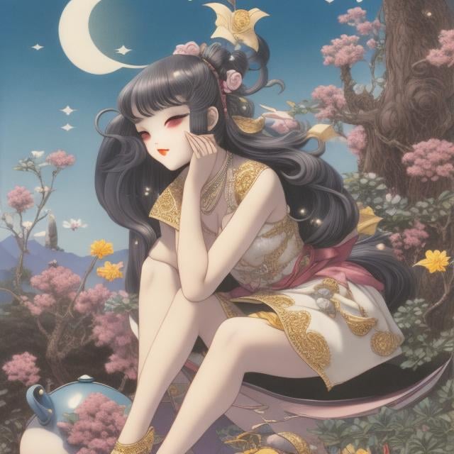 Prompt: Maurice Sendak, Tony Ross, Yoshitoshi Abe, Surreal, mysterious, strange, fantastical, fantasy, sci-fi, Japanese anime, a beautiful girl in a miniskirt sitting on a crescent moon and having tea, perfect body, stars like confetti, detailed masterpiece 