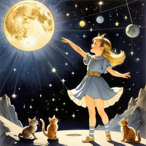 Prompt: Maurice Sendak, Mabel Attwell, Margaret Tarrant, Dorian Cleavenger, A E Marty, Surrealism, wonder, strange, fantastical, fantasy, Sci-fi, Japanese anime, miniskirt beautiful girl from the moon cat tribe singing in the solar system network, stage lighting, starry night, detailed masterpiece 