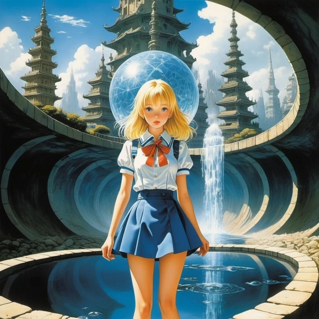 Prompt: Satoru Akahori, Martin Battersby, Jan Sawka, Katsuhiro Otomo, Rudolf Bauer, Surrealism, mysterious, bizarre, fantastical, fantasy, Sci-fi, Japanese anime, underground water veins of European civilization, system of dreams and symbols, beautiful blonde miniskirt girl Alice, perfect voluminous body, architecture, physics, mathematics, optics, detailed masterpiece 