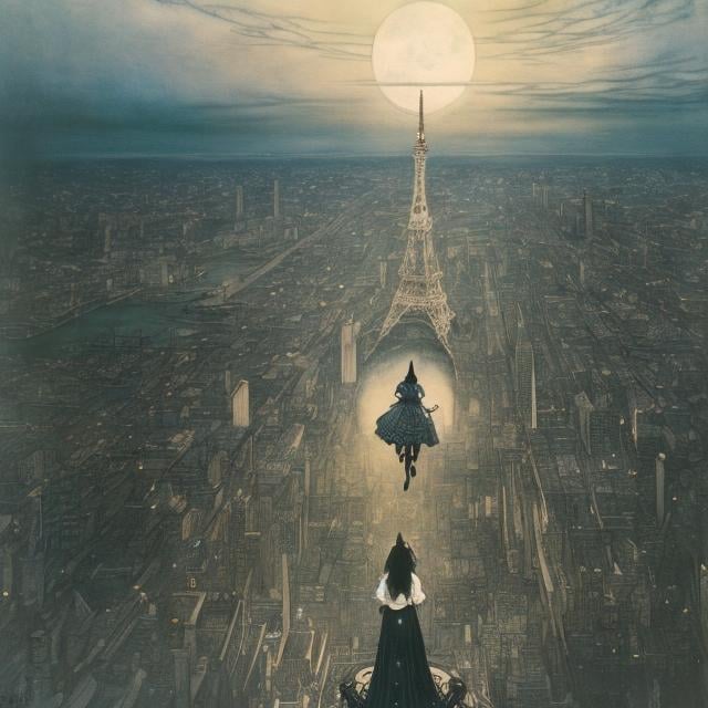 Prompt: Arthur Rackham, Japanese Anime, Surreal Mysterious Weird Fantastic Fantasy Sci-Fi, Walking in the Air, High School Girl, Tokyo Tower, Full Moon, Bird's Eye View, detailed, high resolution definition quality masterpiece 