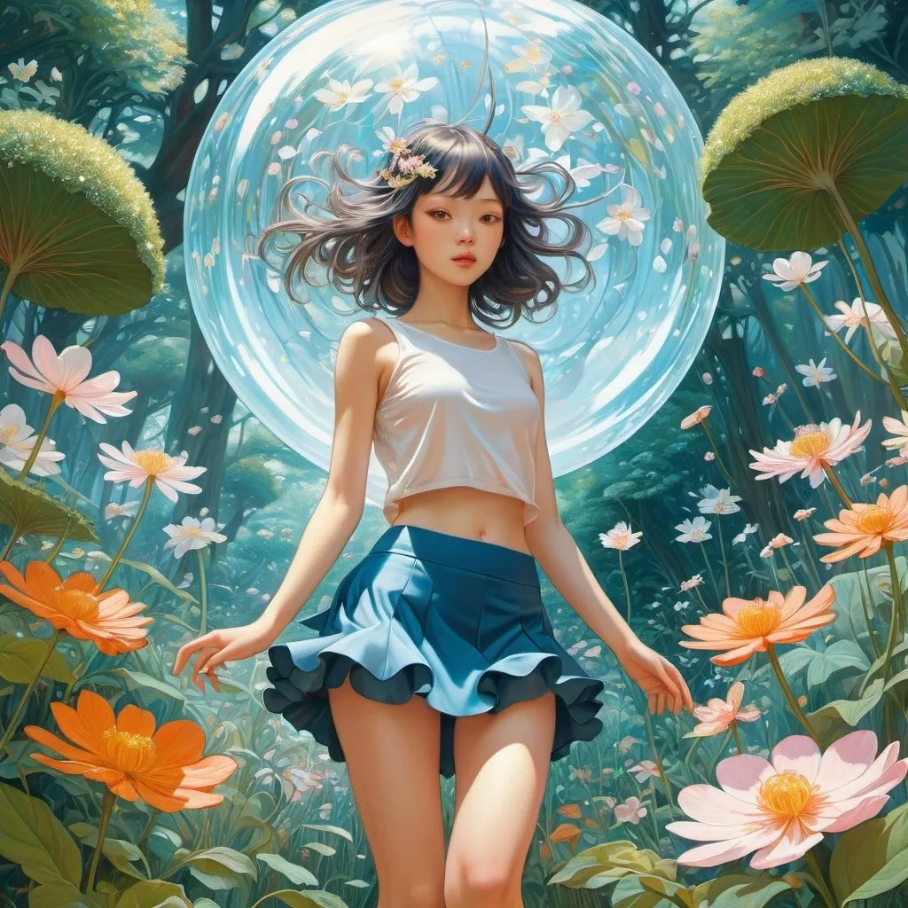 Prompt: Charles Clos Olsommer, James Jean, Surreal, mysterious, bizarre, fantastical, fantasy, Sci-fi, Japanese anime, dancing fairies, beautiful girl in a miniskirt, perfect voluminous body, near-future mythology, standing in a garden where crystal flowers bloom, detailed masterpiece bit’s eye views