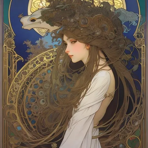 Prompt: Alphonse Mucha, A E Marty, Kenji Tsuruta, Surreal, mysterious, bizarre, fantastic, fantasy, Sci-fi, Japanese anime, sea, girl perfect voluminous body, dragon, empire of fantasy, art and science, mannerism, Prague, painter, sculptor, poet, astronomer, mathematician, magician, void and wonder, unknown knowledge, detailed masterpiece 