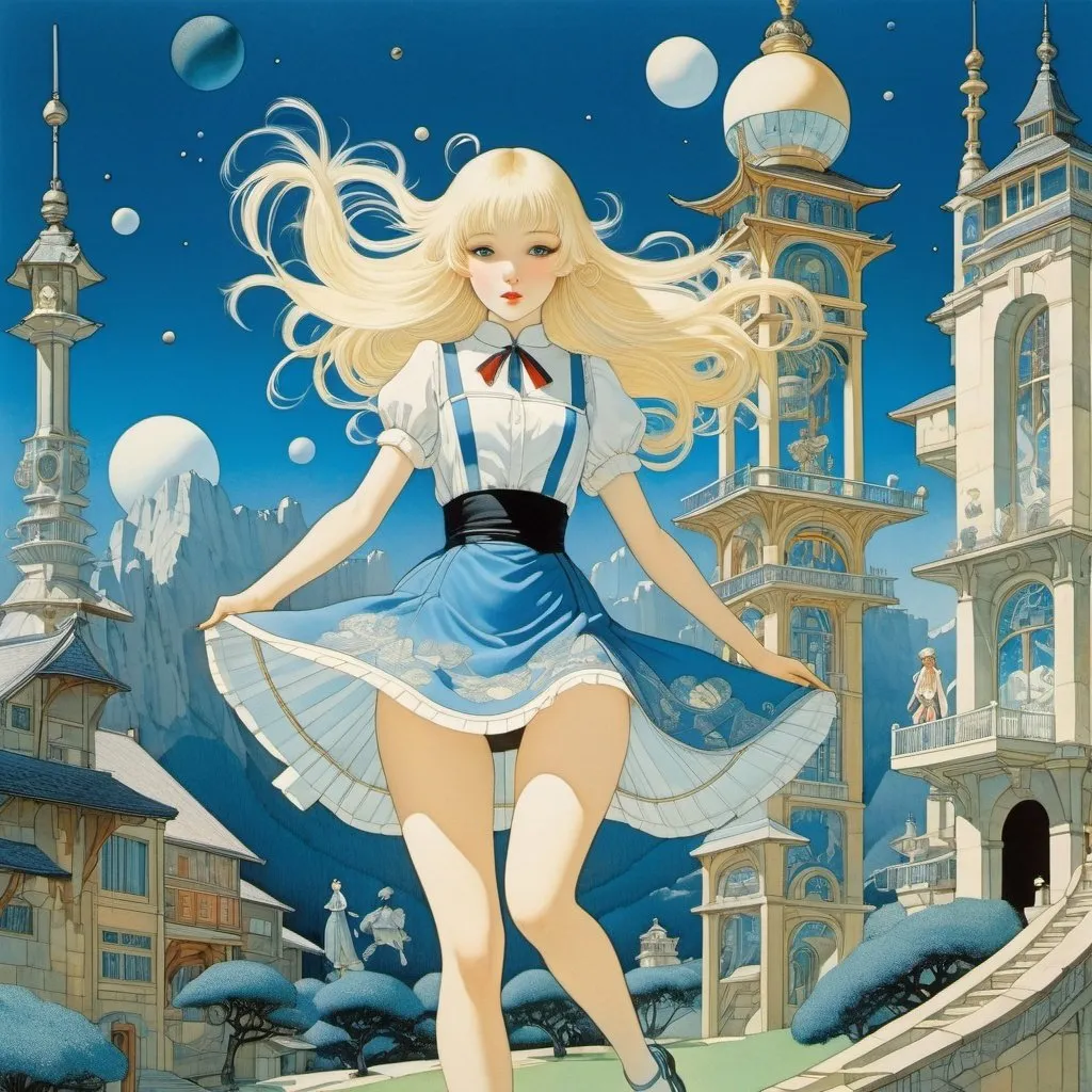 Prompt: Sydney Long, Harold Gaze, George Barbier, Kay Nielsen, Shigeru Tamura, Surrealism, wonder, strange, fantastical, fantasy, Sci-fi, Japanese anime, towering mathematical formulas, running blue spring blonde miniskirt beautiful girl Alice, perfect voluminous body, town inside a music box, detailed masterpiece 