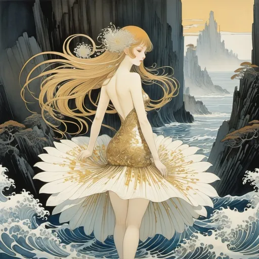 Prompt: Kay Nielsen, André Mare, Junko Karube, Katsuya Terada, Eleanor Fortescue-Brickdale, Surrealism, strange, bizarre, fantastical, fantasy, Sci-fi, Japanese anime, whispers of gold, brown, and lead, Klein's vase, sea lily, miniskirt beautiful high school girl, perfect voluminous body, detailed masterpiece 