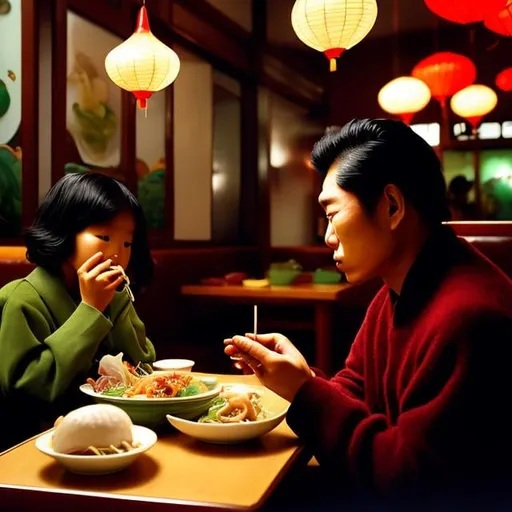 Prompt: Paule Vézelay, Yoshitoki Ōima, Surreal, mysterious, strange, fantastical, fantasy, Sci-fi, Japanese anime, Christmas Eve, father and son eating pho noodles at a Vietnamese restaurant, curious about the beautiful girl in the table over there, snow, detailed masterpiece 