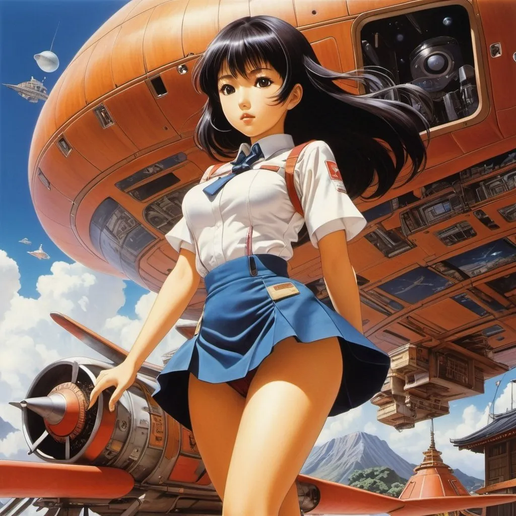 Prompt: Shōji Kawamori, Keiko Takemiya, Surreal, mysterious, strange, fantastical, fantasy, Sci-fi, Japanese anime, wooden spaceship, miniskirt beautiful carpenter, perfect voluminous body, dynamic action poses detailed masterpiece 