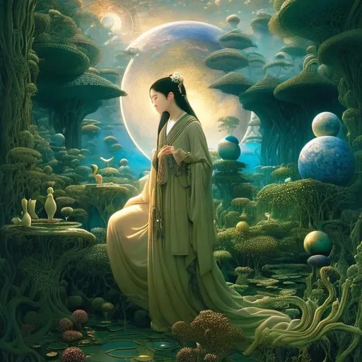 Prompt: TAO Artist, James C. Christensen, Surreal, mysterious, strange, fantastical, fantasy, Sci-fi, Japanese anime, words are the blueprint of the world, creation and construction, beautiful girl who tells the story, perfect voluminous body, detailed masterpiece 