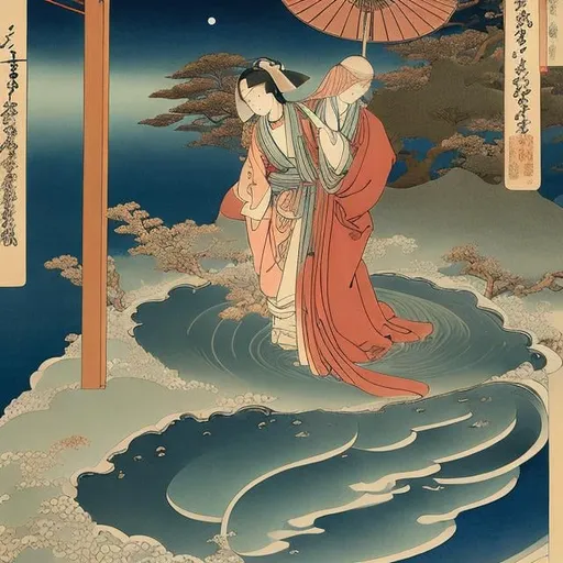Prompt: Ukiyo-e style Margaret Tarrant, Edmund Dulac, anime, surreal, mysterious, bizarre, fantastical, fantasy, sci-fi fantasy, real and imaginary animals, toy museum, water wheel, potter's wheel, hoist, wringer, water pump, beautiful perfect voluminous body girl, detailed, high resolution definition quality, vibrant colors, masterpiece, sharp focus, best quality, depth of field, cinematic lighting,