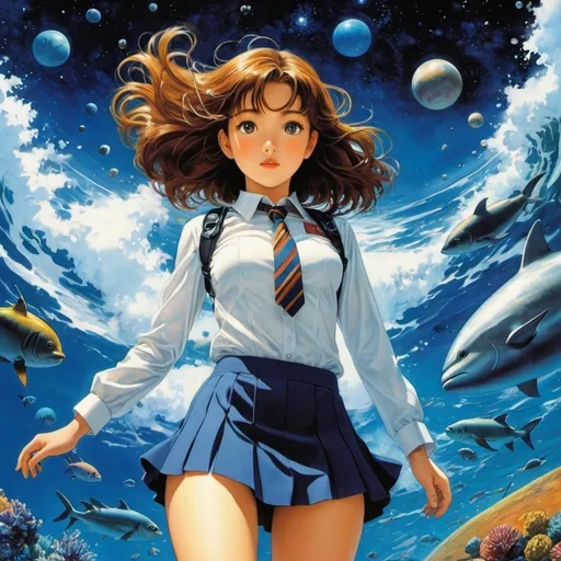 Prompt: Katharine Cameron, Charles Rosinson, Katsuhiro Otomo, Elizabeth Colborne, fumiko tanikawa, Surrealism, mysterious, strange, bizarre, fantasy, Sci-fi, Japanese anime, diving into the ocean of the galaxy and picking up stars, Beautiful high school girl in a miniskirt, perfect voluminous body, Inside the classroom, detailed masterpiece low high angles perspectives 