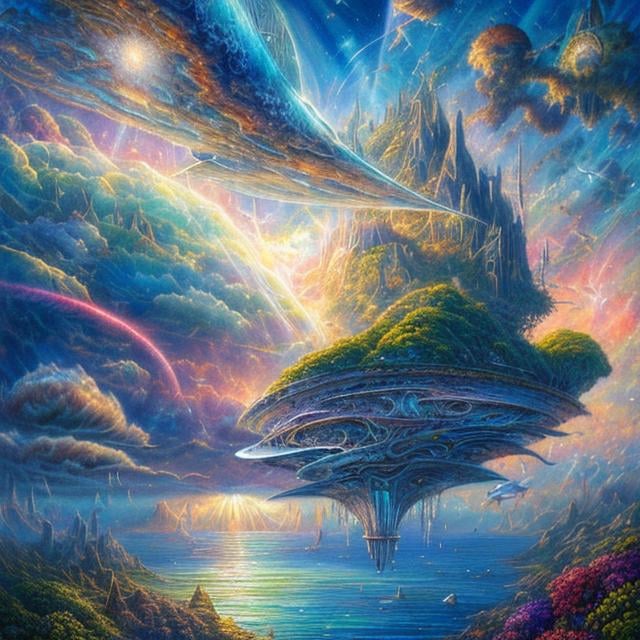 Prompt: John Stephens style, floating island, rays of light, flying machines, ocean, sky full of galaxy, surreal, sketch and water colour