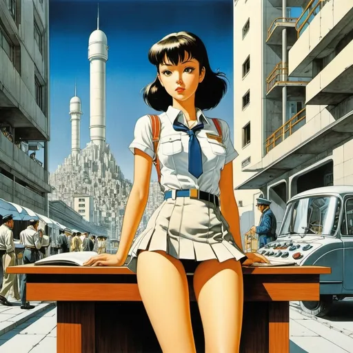 Prompt: Katsuhiro Otomo, Antonio Sant'Elia, Giorgio de Chirico, Stanley Roy Badmin, Jean-Claude Mézières, Surrealism, wonder, strange, bizarre, fantasy, Sci-fi, Japanese anime, city and moon on the desk, beautiful high school girl in a miniskirt entering the city planning blueprints, perfect voluminous body, detailed masterpiece 