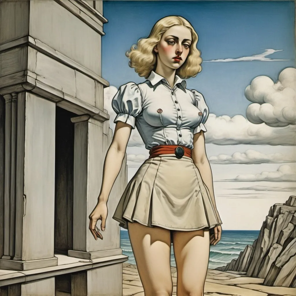 Prompt: Giorgio de Chirico, Arthur Rackham, Surreal, mysterious, bizarre, fantastical, fantasy, sci-fi, Japanese anime Our eyes read people's minds, see through objects, foresee the future, and see the thoughts of the dead. An adventure in visual science. Blonde miniskirt beautiful girl alice, perfect voluminous body, detailed masterpiece 