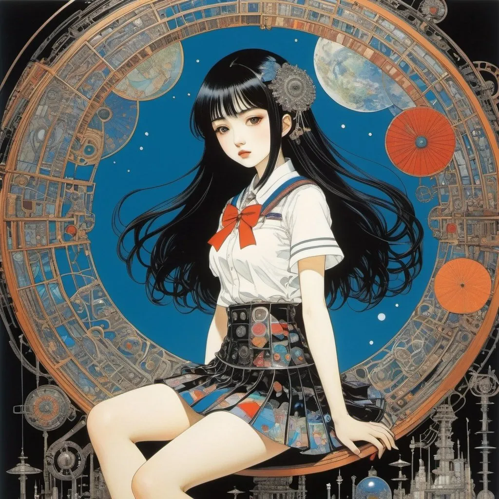 Prompt: Hisui Sugiura, Harry Clarke, Surrealism, Mysterious, Bizarre, Outlandish, Fantasy, Sci-fi, Japanese Anime, Miniskirt Beautiful High School Girl in the Machine Age and the World of Picture Books, perfect voluminous body, detailed masterpiece 