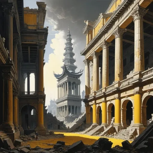 Prompt: François de Nomé, Katsuhiro Otomo, Hubert Robert, Ryo Ikuemi, Giovanni Battista Piranesi, Surrealism, strange, bizarre, fantastical, fantasy, Sci-fi, Japanese anime, elegant buildings emerging in the darkness, pillars shining yellow-brown, groups of pale statues, exploding cathedrals, scattered blocks of stone, buildings and cities that don't exist, Collapse, Beautiful high school girl in a miniskirt in the ruins, perfect voluminous body, detailed masterpiece 