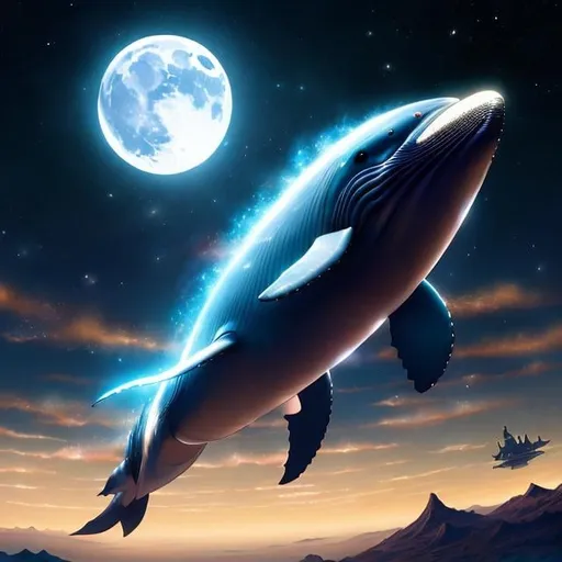 Prompt: Shigeru Tamura, Gary A. Lippincott, Surreal, mysterious, strange, fantastic, fantasy, Sci-fi, Japanese anime, cracked moon, migratory whale in the sky, miniskirt beautiful captain, perfect voluminous body, detailed masterpiece 