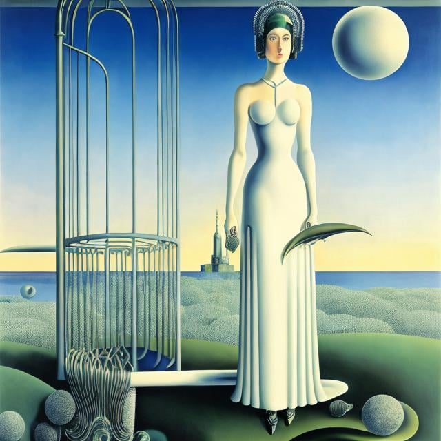 Prompt: Kay Nielsen, René Magritte, Surreal, mysterious, strange, fantastical, fantasy, Sci-fi, Japanese anime, budgie in a cage, biomechanical engineering, miniskirt beautiful girl, perfect voluminous body, ebb tide, detailed masterpiece 