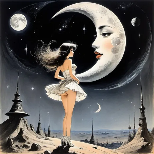Prompt: Ronald William Fordham Searle, J. Carlos, Surreal, mysterious, strange, fantastical, fantasy, Sci-fi, Japanese anime, Moon in love with Mars, date between stars, beautiful crescent moon girl in a miniskirt, perfect voluminous body, spaceship taking off, detailed masterpiece 