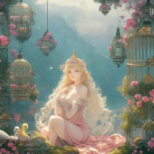 Prompt: Walter Crane, Arthur Rackham, Japanese Anime, Surreal Mysterious Weird Fantastic  Sci-Fi Fantasy, Budgerigar in a cage, Alice's body is a birdcage, Beautiful girl Alice, perfect voluminous body, Short blonde hair, Horizon, Multiple floating spheres, vibrant colors,m, masterpiece, sharp focus, best quality, depth of field, cinematic lighting, detailed, high resolution definition quality masterpiece 