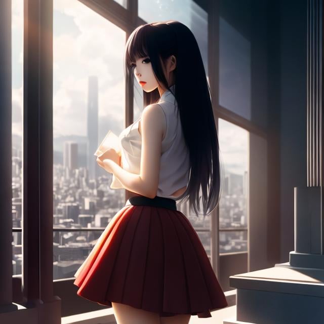 Prompt: James Warhola, Keiko Takemiya, Surreal, mysterious, strange, fantastical, fantasy, Sci-fi, Japanese anime, multicolored print city, wooden perpetual motion machine, miniskirt beautiful girl of shadow and light, perfect voluminous body, detailed nas 