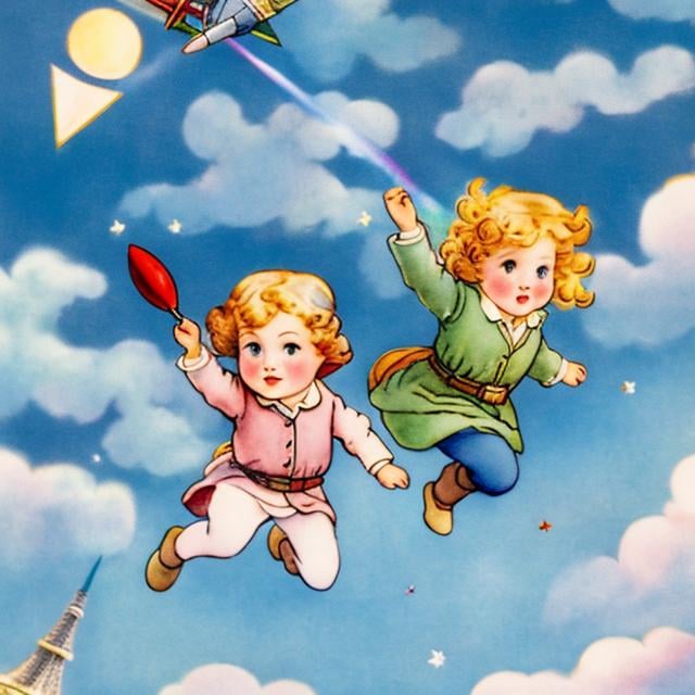 Prompt: Mabel Attwell, Kate Greenaway, Anne Anderson, Margaret Tarrant, Beatrix Potter Sci-Fi Fantasy Hand-cranked Spring Rocket Boys and Girls Play Rocket Flying Blue Sky Clouds Rainbow Moon Tokyo Tower detailed resolution definition high quality masterpiece 