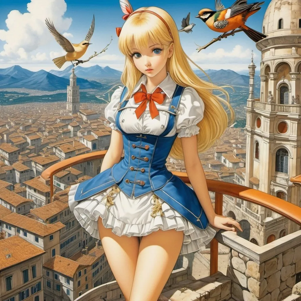 Prompt: Athanasius Kircher, Giuseppe Galli Bibiena, Antonio Sant’Elia, Surreal, mysterious, strange, fantastical, fantasy, Sci-fi, Japanese anime, Utopia on the map, blueprint, perspective, urban planning and ideals, blonde miniskirt beautiful girl Alice, perfect voluminous body, bird's eye view, detailed masterpiece 