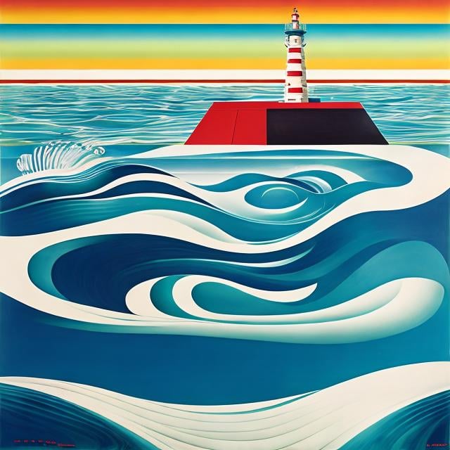 Prompt: Jessie M. King, Eduardo Paolozzi, Surreal, mysterious, bizarre, fantastical, fantasy, Sci-fi, Japanese anime, mechanics of a perfect fluid, minute amplitude waves, wave deformation, statistical properties and spectra of waves, tsunamis and buildings, basis of performance design of wave power generation systems, acting on fixed marine structures Wave power lighthouse miniskirt beautiful girl perfect voluminous body, detailed masterpiece 