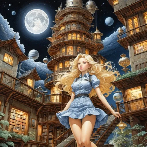 Prompt: Eduardo Recife, Willian Santiago, Adrienne Segur, Katsuya Terada, Victor Reinganum, Surrealism, wonder, strange, bizarre, fantasy, Sci-fi, Japanese anime, construction of a tower, stone house at night, town inside a library inside a town inside a library, passing through the maze of the space station, beautiful blonde miniskirt girl Alice, perfect voluminous body, detailed masterpiece 