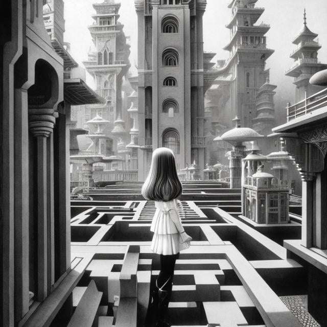 Prompt: M c Escher, Charles Robinson, Surreal, mysterious, strange, fantastical, fantasy, Sci-fi, Japanese anime, a machine called labyrinth, a tower that rises, a beautiful girl in a miniskirt in perspective, detailed masterpiece 