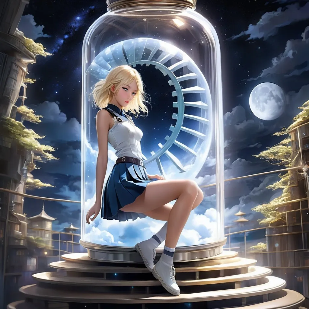 Prompt: Harue Koga, Ingeborg Meyer-Rey, Surreal, mysterious, strange, fantastical, fantasy, Sci-fi, Japanese anime, spiral staircase inside a can, heaven in a jar, nickel, night when the moon shines, blonde miniskirt beautiful girl Alice, perfect body, detailed masterpiece 