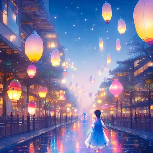 Prompt: Margaret Tarrant Kate Greenaway, Japanese anime, surreal wondrous strange Whimsical fanciful Sci-Fi Fantasy Toronto Night View Flying lanterns Solo girl, hyperdetailed high resolution high quality high definition masterpiece, manga lines, realistic
