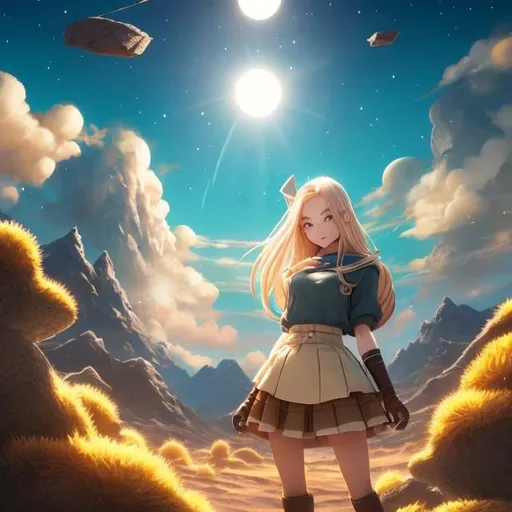 Prompt: Fiona Staples, Akira Toriyama, Surreal, mysterious, bizarre, fantastical, fantasy, Sci-fi, Japanese anime, tea time of the long dark soul, desert classroom, sense of déjà vu, perfect travel companion, miniskirt blonde beautiful girl Alice, perfect voluminous body, detailed masterpiece 