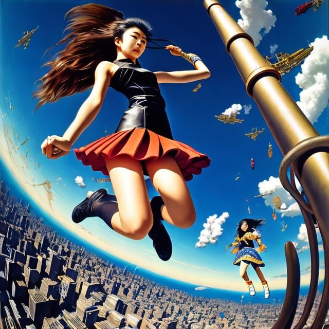 Prompt: Max Ernst, Masamune Shirow, Surreal, mysterious, strange, fantastical, fantasy, Sci-fi, Japanese anime, playful surrealism, mini-skirt beautiful high school girl jumps through the times, group games, objects, collages, photographs, human bodies, landscapes, wonders, collections, dynamism, hyper detailed masterpiece 