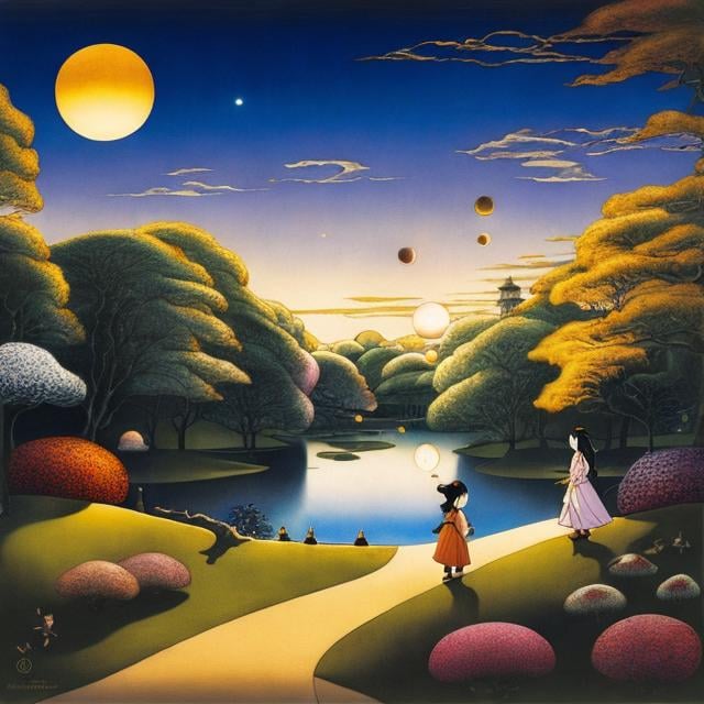 Prompt: Shigeru Tamura, Phoebe Anna Traquair, Surreal, mysterious, bizarre, fantastical, fantasy, Sci-fi, Japanese anime, night sounds A beautiful girl in a miniskirt is walking along the shore of the pond.Soon she will arrive at her grandfather's house where the yellow light is lit.The sun is setting and the darkness is blue.The moon is shining in the sky. Insects are chirping, a train whistle is heard in the distance, and there are frogs on the lotus leaves floating in the pond. A family of deers come to drink water, detailed masterpiece 