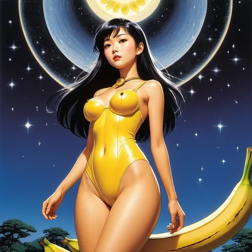 Prompt: Takeo Takei, Rolf Durig, Shotaro Honda, Surreal, mysterious, strange, fantastical, fantasy, Sci-fi, Japanese anime, beautiful banana girl, perfect voluminous body, sundial, stars at dawn, detailed masterpiece wide low high angles 