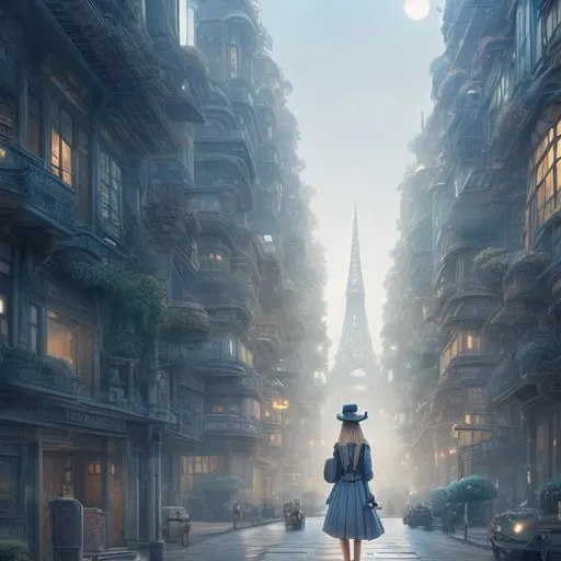 Prompt: Kate Greenaway, François Schuiten, Lebbeus Woods, Satish Gujral, Surreal, mysterious, strange, fantastical, fantasy, Sci-fi, Japanese anime, miniskirt blonde beautiful girl Alice, perfect voluminous body, street corner labyrinth, deconstructed architectural blueprints, hyper detailed high resolution definition quality, depth of field cinematic lighting 