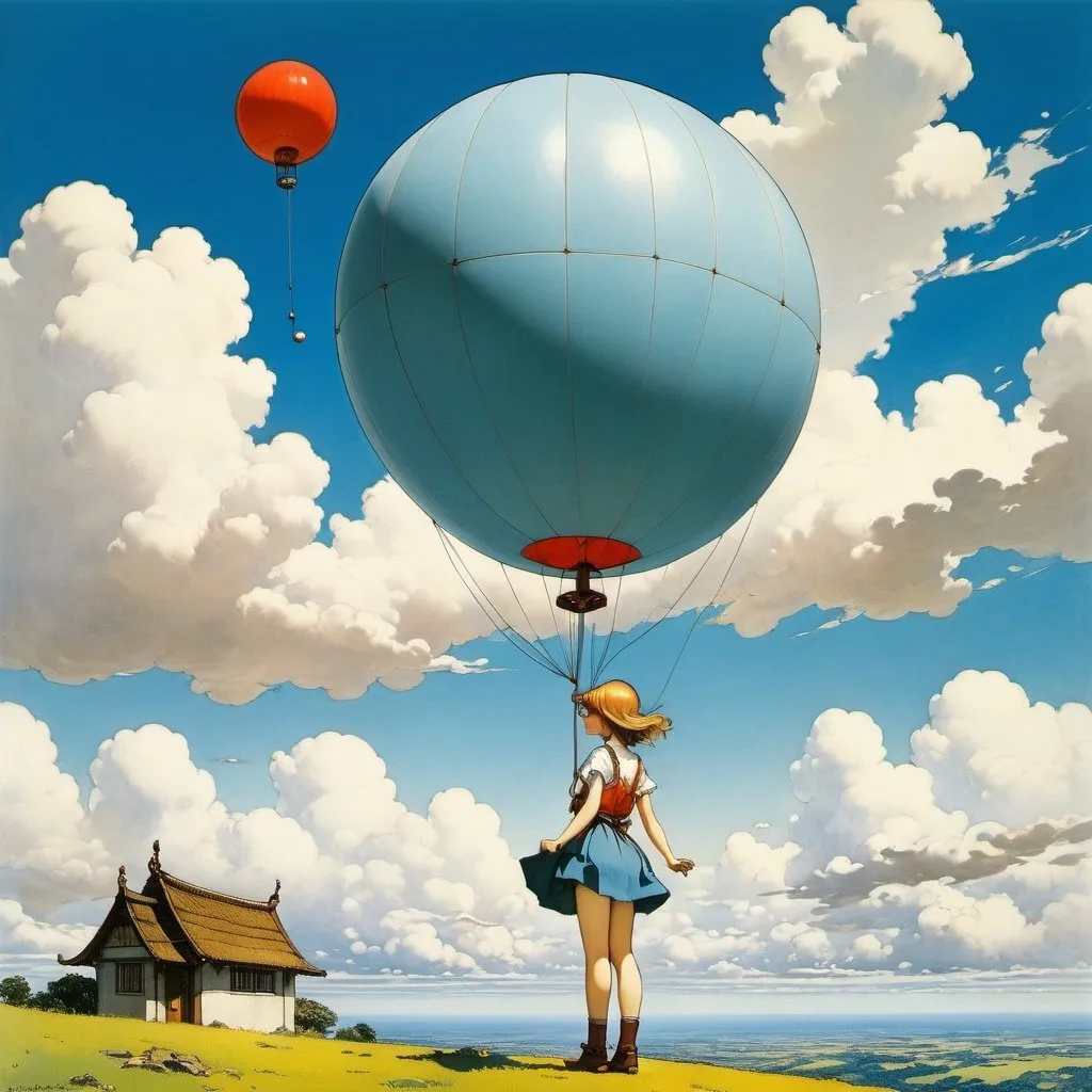 Prompt: Heath Robinson, Wladyslaw Benda, Surreal, mysterious, strange, fantastical, fantasy, Sci-fi, Japanese anime, square balloon, door through the sky, clouds in the blue sky, miniskirt beautiful girl, perfect voluminous body, detailed masterpiece 