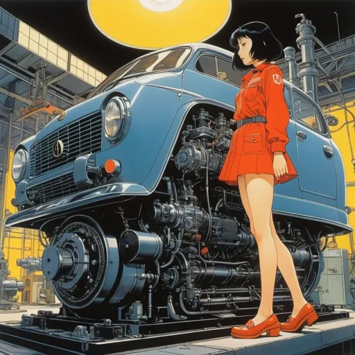 Prompt: Akira Amano, Przemysław Truściński, Lukas Verstraete, Mitsumasa Anno, Brecht Vandenbroucke, Surrealism, Mysterious, Weird, Outlandish, Fantasy, Sci-Fi, Japanese Anime, Beautiful engineer in a miniskirt inspects an engine that only operates at night, perfect voluminous body, detailed masterpiece 