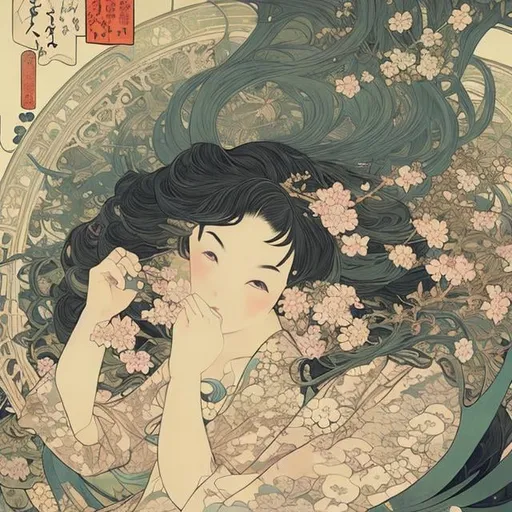 Prompt: Ukiyo-e style by Anne Anderson, Adrienne Segur, Alphonse Mucha　Japanese anime Sci-Fi Fantasy　Floating bed　teens girl　european castles　spring season hyperdetailed high resolution high definition high quality masterpiece