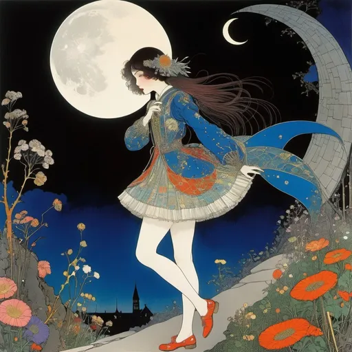 Prompt: Harry Clarke,  Dorothy Flack Full colours, Surreal, mysterious, bizarre, fantastical, fantasy, Sci-fi, Japanese anime, discovery of the circle, botany, zoology, physics, archaeology, lost crescent moon and beautiful high school girl in a miniskirt, perfect voluminous body, detailed masterpiece 
