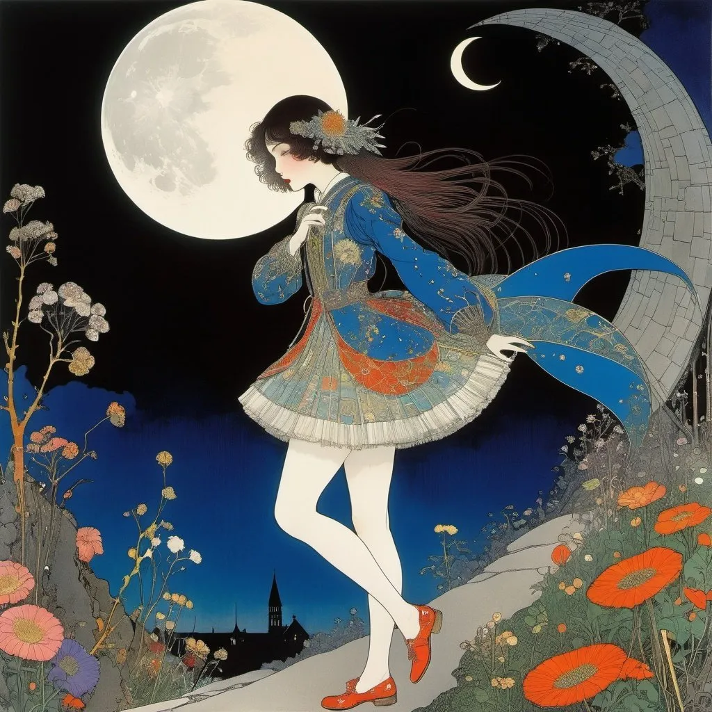 Prompt: Harry Clarke,  Dorothy Flack Full colours, Surreal, mysterious, bizarre, fantastical, fantasy, Sci-fi, Japanese anime, discovery of the circle, botany, zoology, physics, archaeology, lost crescent moon and beautiful high school girl in a miniskirt, perfect voluminous body, detailed masterpiece 