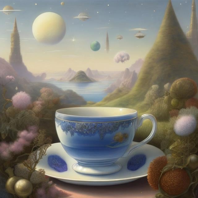 Prompt: Grace Pailthorpe, Beatrix Potter, Surreal, mysterious, strange, fantastical, fantasy, Sci-fi fantasy, anime, Venus sinking to the bottom of a cup, cafe terrace, detailed masterpiece 