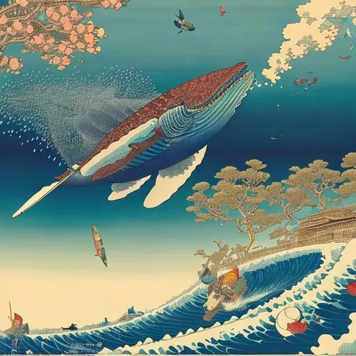 Prompt: Jean Giraud, Katsushika Hokusai Eugène Grasset Japanese anime wondrous strange Whimsical surreal fanciful sci-fi fantasy circus trapeze flying whale cicada Alice at the Tea Party Hyperdetailed high definition high resolution high quality masterpiece