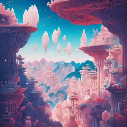 Prompt: Stephanie Pui-Mun Law, George Barbier, Surreal, mysterious, bizarre, fantastical, fantasy, Sci-fi, Japanese anime, Confucius's aerial acrobatics, design and construction of underground rock caverns, mineral gardens, hyper detailed masterpiece depth of field cinematic lighting 